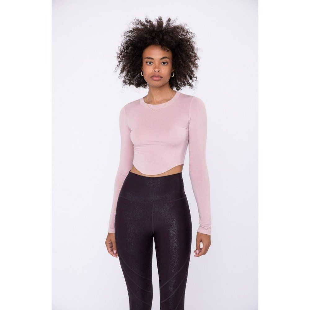 Long Sleeve Swoop Side Crop Top Color Rose Pink